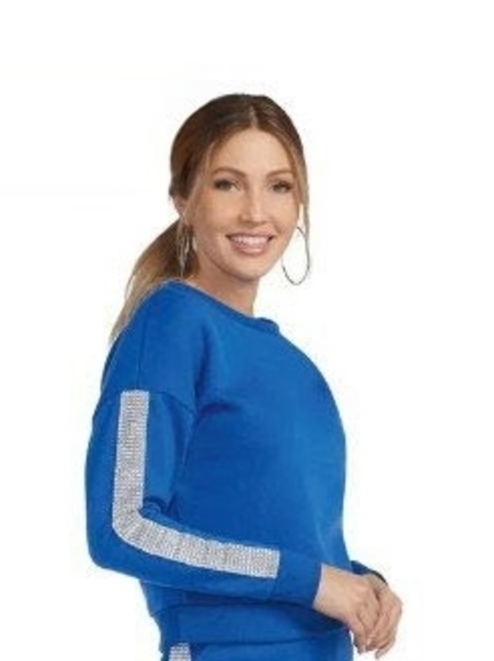 Blue Women's Crew Neck Sweater with Rhinestone Sleeve Detail